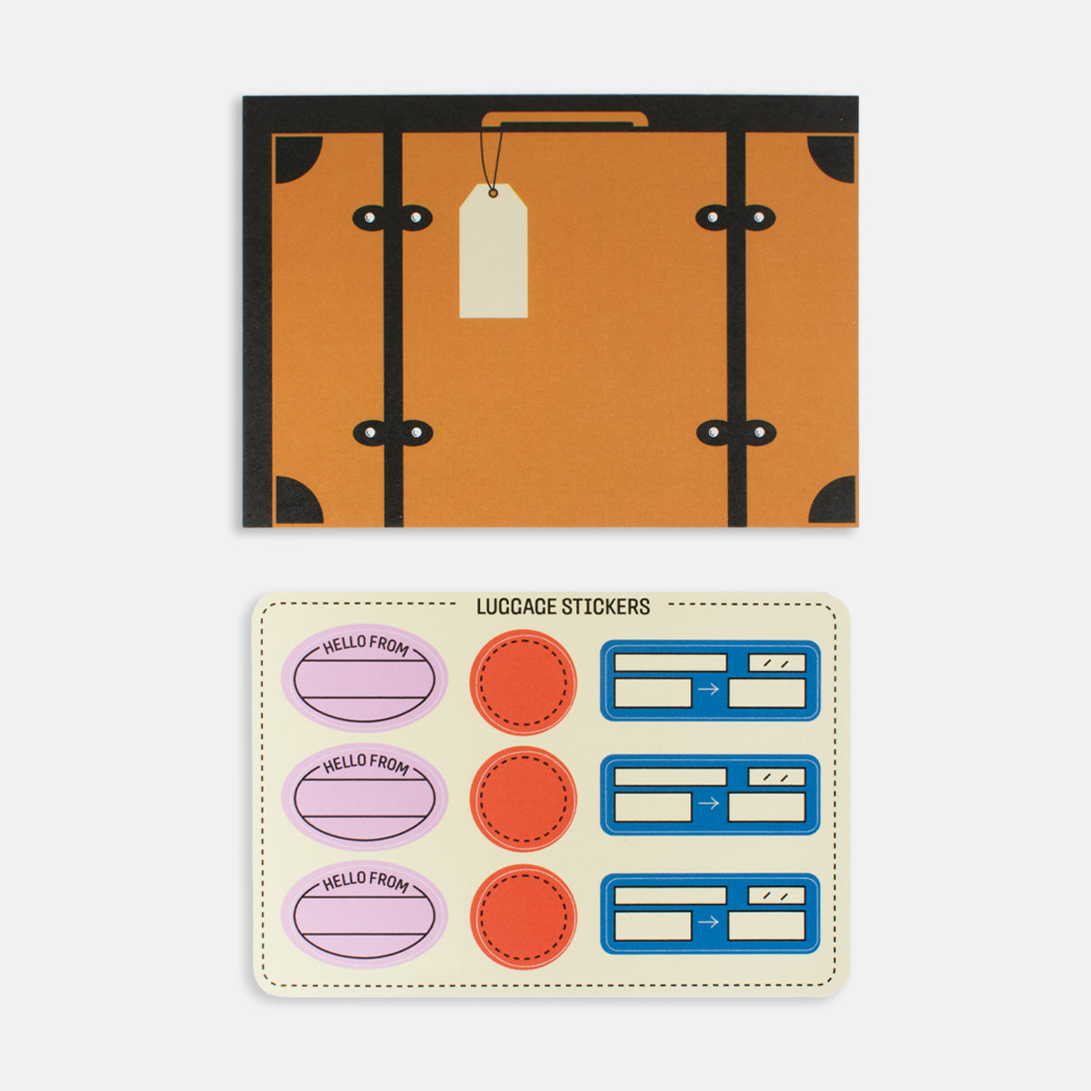 Suitcase postcard with luggage stickers featuring travel themes and personalization options for sending messages.