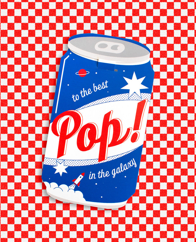 Greeting card for dad featuring a soda can design that says 'To the best Pop in the galaxy' on a checkered patterned background