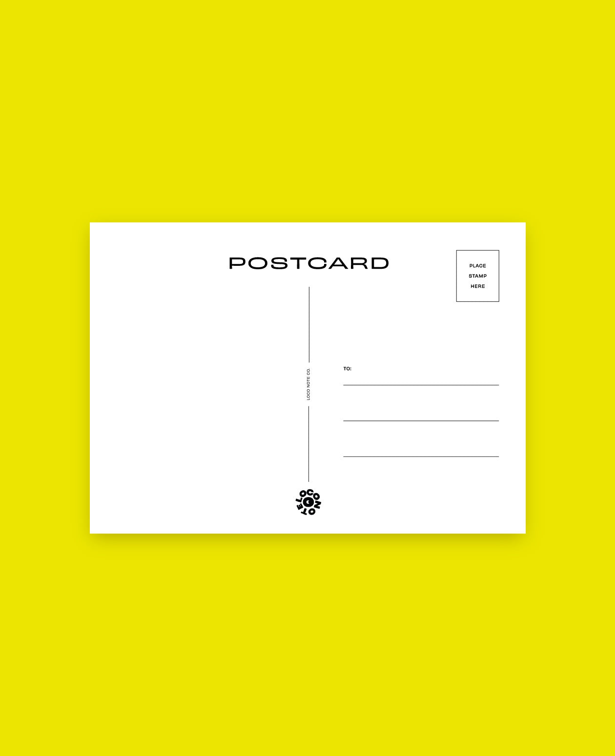 Back of illustrated postcard on a yellow background.