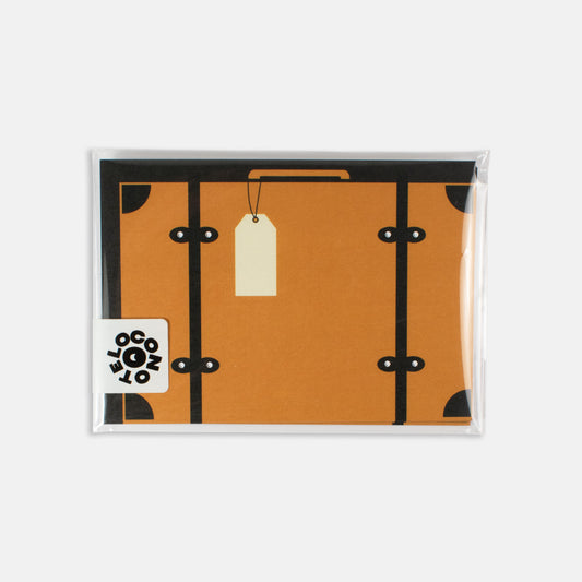 Front of Suitcase Postcard & Luggage Sticker Set packaged together.