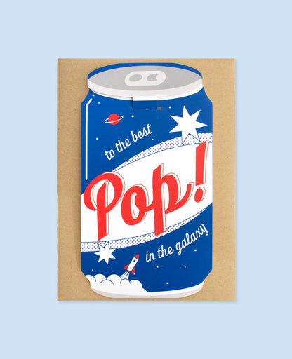 Greeting card for dad featuring a soda can design that says 'To the best Pop in the galaxy' on kraft envelope.