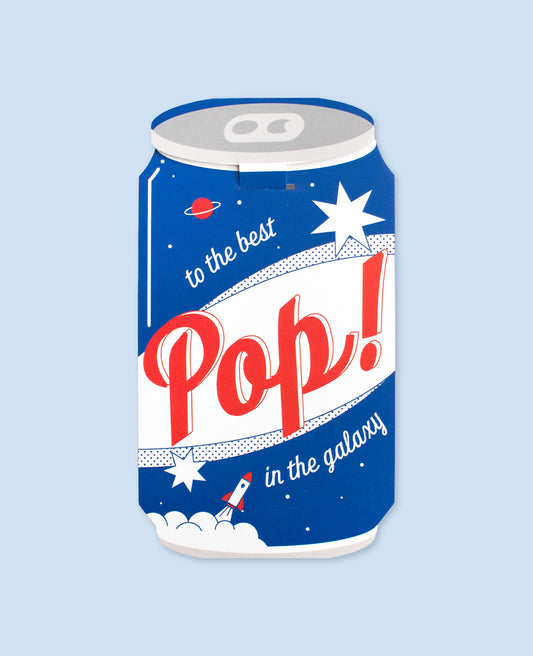 Greeting card for dad featuring a blue soda can with the text 'to the best Pop! in the galaxy'.