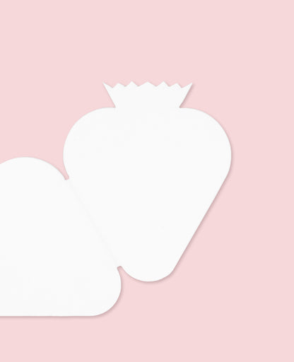 Opened Mini Greeting Card shaped like a strawberry on a pink background, perfect for sending cheerful notes.