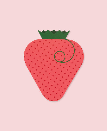 Mini Greeting Card shaped like a strawberry on a pink background, perfect for sending cheerful notes.