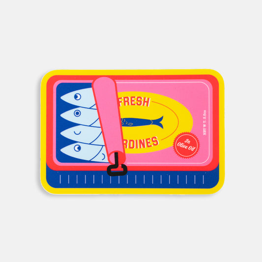 The Perfect Sardine Can Vinyl Sticker with playful color palette on a grey background.