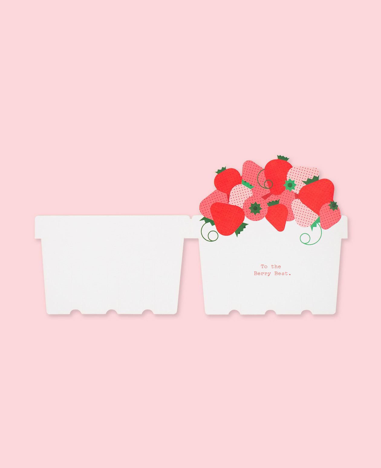 Opened Love and Friendship Card featuring a basket of fresh strawberries on a pastel pink background.