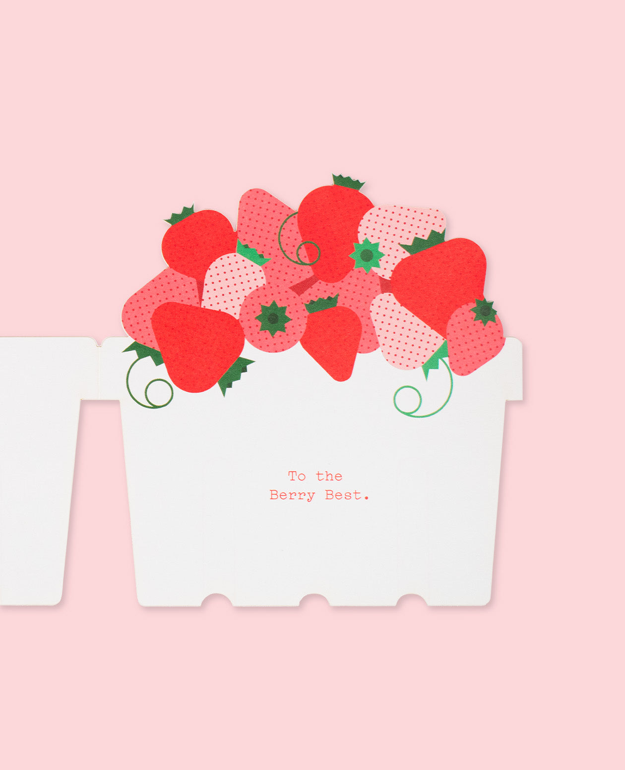 Opened Love and Friendship Card featuring a basket of fresh strawberries on a pastel pink background.
