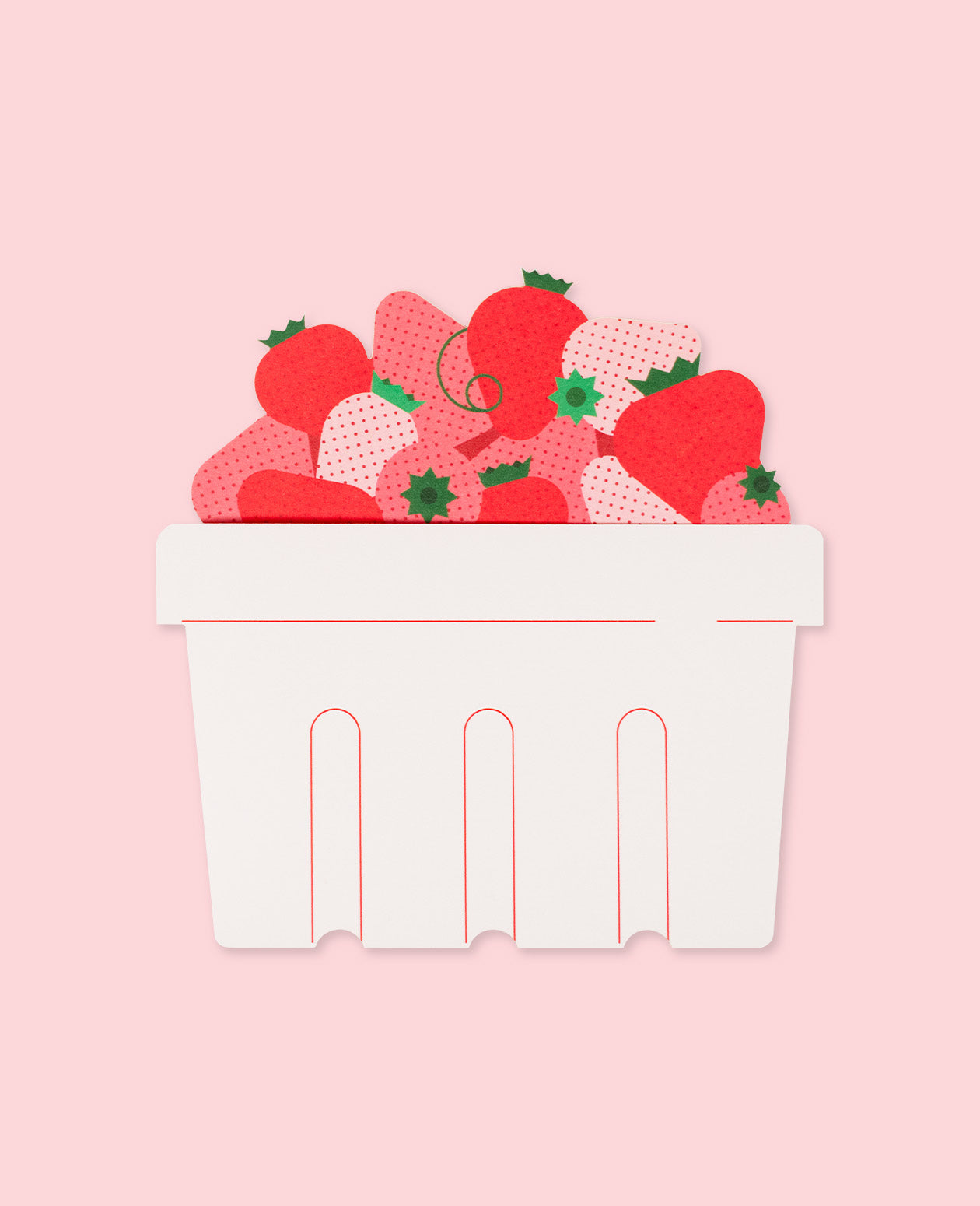 Love and Friendship Card featuring a basket of fresh strawberries on a pastel pink background.