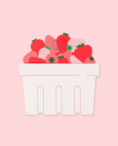 Love and Friendship Card featuring a basket of fresh strawberries on a pastel pink background.