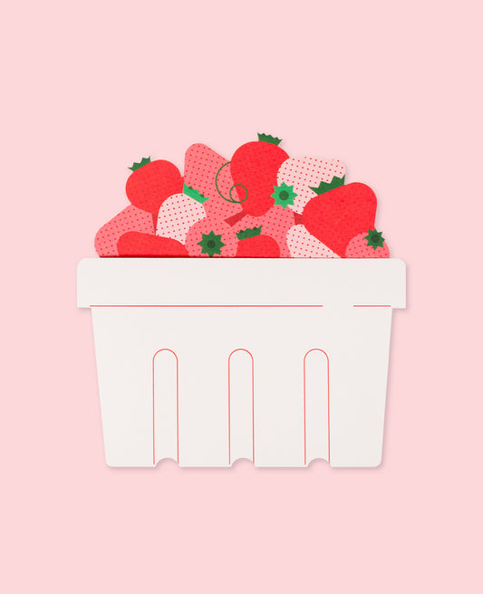 Love and Friendship Card featuring a basket of fresh strawberries on a pastel pink background.