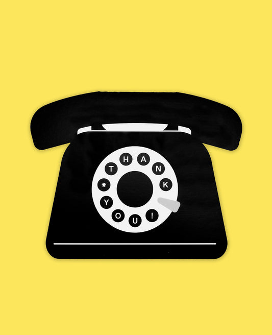 Unique Thank You Card featuring a classic rotary phone design with 'THANK YOU!' message on a yellow background.